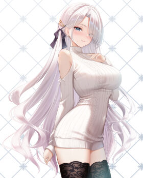 1girl akiyomi arm_behind_back artist_name black_thighhighs blue_eyes blush braid breasts closed_mouth clothing_cutout commentary_request crown_braid earrings eyes_visible_through_hair from_side hair_ornament hair_over_one_eye hair_ribbon hand_on_own_chest hand_up highres jewelry large_breasts long_hair long_sleeves looking_at_viewer original parted_bangs ribbed_sweater ribbon shoulder_cutout smile solo standing sweater thighhighs thighs turtleneck turtleneck_sweater very_long_hair white_background white_hair