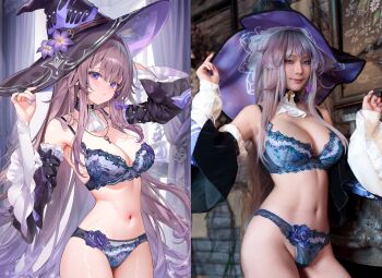 1girl alternate_breast_size art_vs_artist artist_name bare_shoulders blue_bra blue_panties bra breasts brown_hair cleavage closed_mouth collarbone commentary_request cowboy_shot curtains flower gradient_hair hat hat_flower herta_(honkai:_star_rail) highres honkai:_star_rail honkai_(series) indoors jewelry key key_necklace large_breasts lingerie long_hair looking_at_viewer machi_(machi0910) multicolored_hair nail_polish navel necklace paid_reward_available panties purple_eyes purple_flower purple_nails purple_theme sidelocks solo stomach the_herta_(honkai:_star_rail) twitter_username underwear underwear_only vase very_long_hair witch_hat