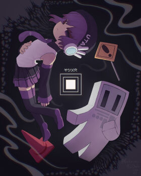 1boy 1girl absurdres boots commentary_request detached_sleeves full_body highres kakureonu koronba koronba_4-gou long_sleeves making-of_available miniskirt necktie pleated_skirt purple_hair purple_necktie road_sign shirt short_hair sign skirt sleeveless sleeveless_shirt song_name thigh_boots traffic_cone utane_uta utau yatsume_ana