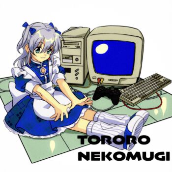 1girl :3 apron aqua_eyes back_bow blue_dress bow character_name closed_mouth computer_keyboard controller crt dress faux_retro_artstyle frilled_apron frills game_controller grey_hair hair_ribbon highres indie_virtual_youtuber leg_warmers long_hair maid maid_apron nekomugi_tororo puffy_short_sleeves puffy_sleeves ribbon short_sleeves simple_background sitting smile solo suketako_(gh0467) two_side_up virtual_youtuber white_apron white_background
