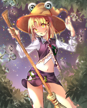 Rule 34 | 1girl, adapted costume, animal print, arms up, bad id, bad pixiv id, blonde hair, broom, brown hat, bubble, collared shirt, commentary request, contrapposto, cowboy shot, female focus, frog print, hair ribbon, hat, highres, holding, holding broom, long hair, long sleeves, midriff, miniskirt, moriya suwako, navel, onikutonasu, outdoors, parted bangs, purple skirt, purple sky, purple vest, red ribbon, ribbon, shirt, skirt, sky, solo, touhou, vest, white shirt, wing collar, yellow eyes