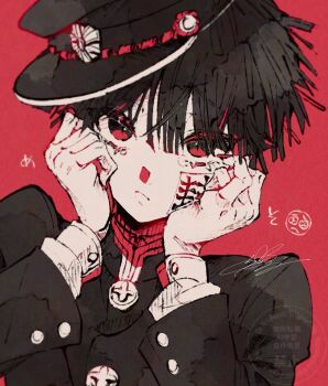 1boy black_eyes black_hair closed_mouth commentary_request gakuran hair_between_eyes hanako_(jibaku_shounen_hanako-kun) hands_up hat highres jibaku_shounen_hanako-kun long_sleeves looking_at_viewer male_focus pout red_background rr_usg school_uniform short_hair simple_background solo upper_body