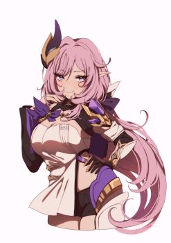 Rule 34 | 1girl, absurdres, black gloves, black shorts, blue eyes, breasts, cleavage, clothing cutout, commentary, elf, elysia (honkai impact), elysia (miss pink elf) (honkai impact), english commentary, gloves, hair between eyes, hair ornament, hand on own hip, highres, honkai (series), honkai impact 3rd, large breasts, long hair, looking at viewer, pink hair, pointy ears, pristinemori, shirt, short shorts, shorts, side cutout, single glove, smile, solo, thighs, upper body, white background, white shirt