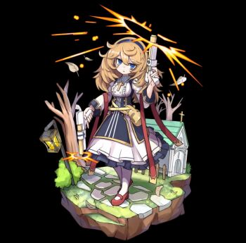 1girl bare_tree belt black_background blonde_hair blue_eyes blue_hairband church collared_dress cross dress dual_wielding firing full_body gun hair_between_eyes hairband head_tilt highres holding holding_gun holding_weapon jitome lamppost layered_sleeves long_sleeves luelle_(merc_storia) mary_janes merc_storia merc_storia_art_team official_art pantyhose parted_lips red_shoes shoes short_over_long_sleeves short_sleeves simple_background solo standing tachi-e tree underbust weapon white_pantyhose yellow_belt