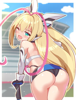 1girl ;d antenna_hair ass ass_focus azure_striker_gunvolt black_panties blonde_hair blush breasts card-en-ciel commentary_request commission commissioner_upload cougar_(cougar1404) from_behind gloves green_eyes hair_between_eyes headgear high_ponytail large_breasts leaning_forward leaning_on_object long_hair looking_at_viewer lumen_(gunvolt) multicolored_gloves multicolored_hair multicolored_shorts official_alternate_costume one_eye_closed open_mouth panties pink_hair ponytail race_queen shorts skeb_commission smile solo two-tone_hair umbrella underwear very_long_hair