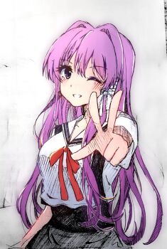 Rule 34 | 1girl, ;d, arm at side, black skirt, blush, clannad, commentary request, cowboy shot, eyelashes, fujibayashi kyou, grin, hair intakes, hair ribbon, happy, hikarizaka private high school uniform, long hair, looking at viewer, one eye closed, open mouth, outstretched arm, purple eyes, purple hair, red ribbon, ribbon, sailor collar, school uniform, serafuku, shirt, short sleeves, sidelocks, simple background, sketch, skirt, smile, solo, straight hair, suiryuu (suiryu 47), suspender skirt, suspenders, traditional media, tress ribbon, very long hair, w, white background, white ribbon, white sailor collar, white shirt