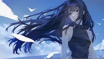 1girl absurdres bare_shoulders blue_eyes blue_hair blue_sky breasts cloud feathers floating_hair highres long_hair mameko_(l8_w3) medium_breasts original parted_lips sky sleeveless sleeveless_turtleneck tearing_up turtleneck upper_body