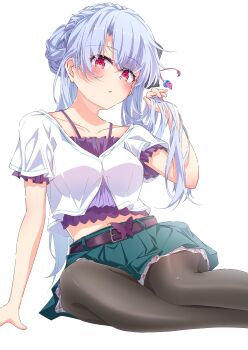 1girl absurdres arm_support belt black_pantyhose blue_hair blush braid breasts camisole collarbone commentary crown_braid foot_out_of_frame green_skirt hair_bun hair_ornament hand_up highres holding holding_own_hair kyamiuu long_hair looking_at_viewer medium_breasts miniskirt navel pantyhose pink_camisole pleated_skirt red_eyes shirt short_hair simple_background sitting skirt solo sorakado_ao summer_pockets twintails vest white_background white_shirt white_vest