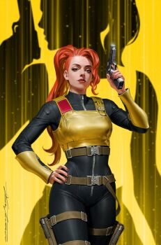 1girl armor black_bodysuit blue_eyes bodysuit breastplate breasts comic_cover commentary cowboy_shot english_commentary g.i._joe gun hand_on_own_hip handgun high_ponytail highres holding holding_gun holding_weapon long_hair looking_at_viewer medium_breasts official_art orange_hair parted_lips ponytail pouch red_nails scarlett_(g.i._joe) shadow signature solo thigh_pouch weapon yellow_armor yellow_background yoon_junggeun zipper