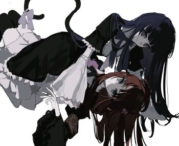 2girls absurdres armband black_dress black_jacket black_thighhighs blue_bow blue_bowtie blue_hair bow bowtie cat_tail dress empty_eyes expressionless feet_out_of_frame frederica_bernkastel frilled_dress frilled_sleeves frills girl_on_top half-closed_eyes highres jacket jewelry looking_at_viewer multiple_girls pale_skin red_armband red_hair ring shiqian_(kadkykhbvk) sideways straddling tail tail_bow tail_ornament thighhighs umineko_no_naku_koro_ni ushiromiya_ange white_background wide_sleeves