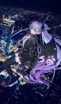 1girl black_boots black_hands black_jacket black_skirt body_markings boots breasts choker cityscape cleavage colored_extremities crossed_bangs demon_girl demon_horns demon_wings ear_piercing fate/grand_order fate_(series) flying green_eyes grey_hair hair_between_eyes high_ponytail horns jacket lilith_(fate) lilith_(over_the_same_sky)_(fate) long_hair long_sleeves medium_breasts nipi27 official_art pencil_skirt piercing pointy_ears ponytail shirt skirt smile solo thigh_boots thighhighs very_long_hair white_shirt wings