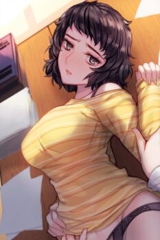 1girl black_hair black_panties breasts collarbone commentary english_commentary grey_eyes kawakami_sadayo large_breasts looking_at_viewer open_mouth panties persona persona_5 shirt short_hair striped_clothes striped_shirt underwear yaoto yellow_shirt