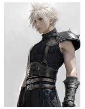 1boy armor belt belt_buckle black_belt black_pants black_shirt blonde_hair blue_eyes border buckle closed_mouth cloud_strife commentary cowboy_shot d.k english_commentary final_fantasy final_fantasy_vii gloves male_focus multiple_belts pants parted_bangs pauldrons shirt shoulder_armor single_pauldron sleeveless sleeveless_turtleneck solo standing suspenders turtleneck white_border