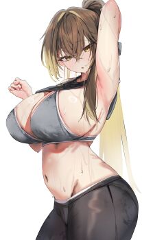 1girl :o absurdres arm_behind_head armpits black_pants blonde_hair breasts brown_hair cleavage clothes_lift commentary_request cowboy_shot crossed_bangs grey_sports_bra hair_between_eyes hands_up highres huge_breasts korean_commentary krabking lifting_own_clothes light_blush long_hair looking_at_viewer multicolored_hair navel open_mouth original pants shirt_lift simple_background solo sports_bra stomach two-tone_hair water_drop wet wet_clothes white_background yellow_eyes
