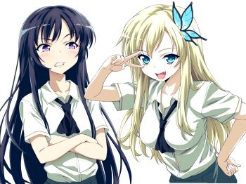 2girls black_hair black_neckerchief blonde_hair blue_eyes boku_wa_tomodachi_ga_sukunai breasts butterfly_hair_ornament button_gap clenched_teeth collarbone collared_shirt commentary_request crossed_arms fang green_skirt hair_ornament hand_on_own_hip highres kashiwazaki_sena large_breasts long_hair looking_at_viewer mikazuki_yozora multiple_girls neckerchief neckerchief_between_breasts open_mouth pleated_skirt purple_eyes school_uniform shirt shirt_tucked_in short_hair simple_background skirt small_breasts smile st._chronica_academy_school_uniform teeth upper_body v v_over_eye very_long_hair watanabe_yoshihiro white_background white_shirt