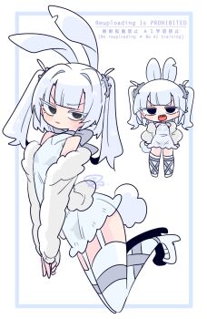 1boy animal_ears bare_shoulders black_eyes blunt_bangs bow bra bulge chibi collarbone commentary covered_navel crossdressing crossdressing_(mtf) dress ear_piercing eve_(op_na_yarou) fake_animal_ears fangs full_body fur-trimmed_jacket fur_trim furrowed_brow garter_straps grey_bow grey_bra grey_eyes grey_panties grey_thighhighs hair_intakes hair_tie hands_on_own_hips highres jacket kneeling light_blush long_sleeves looking_at_viewer male_focus medium_hair microdress mole mole_under_eye multicolored_thighhighs multiple_views no_nose notched_ear off_shoulder op_na_yarou open_clothes open_jacket open_mouth original panties piercing rabbit_ears rabbit_tail see-through_clothes see-through_dress shoes sidelocks simple_background sleeveless sleeveless_dress standing tail thighhighs trap two-tone_thighhighs two_side_up underwear v-shaped_eyebrows v_arms watermark wavy_mouth white_background white_dress white_hair white_jacket white_shoes white_thighhighs