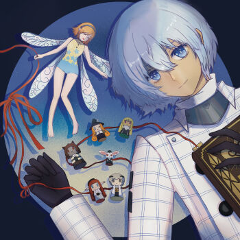 Rule 34 | 1boy, 1girl, absurdres, basilio (metaphor: refantazio), black gloves, book, buttons, character doll, closed eyes, closed mouth, commentary request, doll, eupha (metaphor: refantazio), fairy, fairy wings, gallica (metaphor: refantazio), gloves, grey eyes, grey hair, hairband, heismay (metaphor: refantazio), highres, hulkenberg (metaphor: refantazio), jacket, junah (metaphor: refantazio), kluger lx, looking at viewer, lying, metaphor: refantazio, mini person, minigirl, official alternate costume, orange hair, protagonist (metaphor: refantazio), size difference, smile, spoilers, strohl (metaphor: refantazio), wings