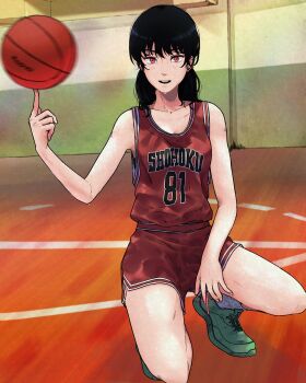 1girl absurdres balancing_ball ball bare_arms basketball_(object) basketball_uniform between_legs black_hair breasts chainsaw_man dakaeya green_shoes grey_socks hand_between_legs highres light_blush long_hair low_twintails medium_breasts medium_hair mitaka_asa motion_blur on_one_knee open_mouth red_eyes red_shorts red_tank_top shoes shorts smile sneakers socks solo school_gym sportswear tank_top twintails