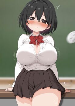 1girl black_hair blush bow bowtie breasts brown_eyes bursting_breasts button_gap cleavage collared_shirt commentary_request desk flying_button highres huge_breasts inconvenient_breasts looking_at_viewer original pleated_skirt popped_button ransusan red_bow red_bowtie school_desk shirt skirt solo surprised thick_thighs thighs wardrobe_malfunction white_shirt