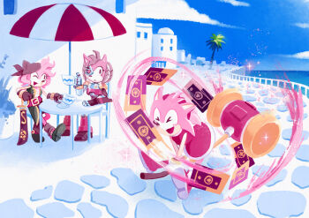 &gt;_&lt; 3girls :d amy_rose animal_ears apotos belt black_rose_(sonic_prime) blue_sky body_fur boots card chair cloud commentary cup cyborg day dress english_commentary food fortune_card_(sonic) fruit full_body furry furry_female gloves hairband highres holding looking_at_another morkitten multiple_girls multiple_persona ocean one_eye_closed open_mouth outdoors palm_tree pink_fur pink_hair plant potted_plant red_belt red_boots red_dress red_hairband rusty_rose short_dress sitting sky sleeveless smile sonic_(series) sonic_frontiers sonic_prime sonic_unleashed sword table tarot tarot_card teacup toy_hammer tree umbrella water weapon