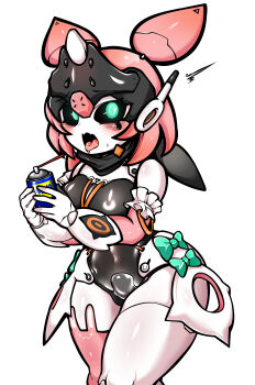 1girl absurdres black_sclera blush bow breasts can colored_sclera commentary_request green_bow green_eyes highres holding holding_can humanoid_robot joints korean_commentary looking_at_viewer metal_skin open_mouth pink_hair robot robot_girl robot_joints small_breasts solo thick_thighs thighs tongue tongue_out twintails uncolorcube wd-40 white_background yutane_johiel zenless_zone_zero
