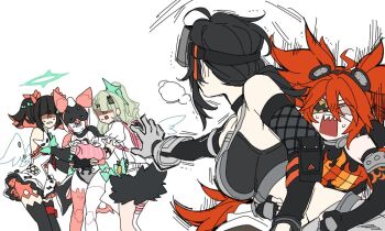 5girls ahoge animal_ear_hairband animal_ears arm_pouch asymmetrical_gloves bandaid bandaid_hair_ornament bare_shoulders bear_ear_hairband bear_ears black_gloves black_hair black_skirt black_sports_bra black_thighhighs bow breasts chinatsu_remiel colored_inner_hair crop_top dress earrings elbow_gloves eyepatch fake_animal_ears fingerless_gloves fishnet_gloves fishnets flame_print fur-trimmed_skirt fur_trim gloves goggles goggles_on_head grace_howard green_bow green_hair green_halo grey_gloves hair_between_eyes hair_ornament hairband halo hand_on_another's_stomach hansam0657 heart heart_hair_ornament holding_back humanoid_robot jewelry koleda_belobog large_breasts long_hair mechanical_arms mechanical_ears mechanical_legs midriff mismatched_gloves motion_lines multicolored_hair multiple_girls multiple_hair_clips multiple_thigh_straps open_mouth parted_lips pink_arm_warmers pink_bag polka_dot polka_dot_bow ponytail red_hair robot robot_girl rokudu_sariel sharp_teeth shirt short_hair short_twintails simple_background single_elbow_glove skirt sphere_hair_ornament sports_bra striped_arm_warmers sweat teeth thigh_strap thighhighs twintails white_background white_dress white_shirt white_wings winged_bag wings yutane_johiel zenless_zone_zero