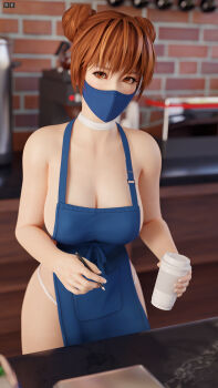 1girl 3d absurdres apron breasts brown_eyes brown_hair dead_or_alive double_bun female_focus hair_bun highres kasumi_(doa) large_breasts panties radianteld short_hair swimsuit text_focus underwear