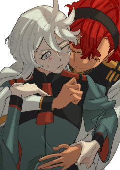 2girls absurdres asticassia_school_uniform black_hairband blush closed_mouth dark-skinned_female dark_skin green_jacket grey_eyes gundam gundam_suisei_no_majo hairband highres holding_another&#039;s_wrist hug hug_from_behind jacket long_hair long_sleeves miorine_rembran multiple_girls one_eye_closed red_hair school_uniform simple_background snapagi suletta_mercury sweatdrop upper_body white_background white_hair white_jacket yuri
