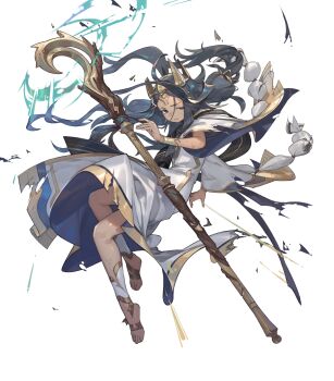 1girl black_eyes clenched_teeth crown damaged dark-skinned_female dark_skin fire_emblem fire_emblem_heroes gold_trim highres holding holding_staff long_hair nintendo non-web_source robe solo staff teeth torn_clothes torn_robe vanitas_(fire_emblem) very_long_hair white_robe