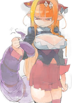 Rule 34 | 1girl, breasts, commentary, dragon girl, dragon horns, dragon tail, hololive, horns, kiryu coco, long hair, orange hair, pointy ears, saliva, single tear, solo, tail, umezawa michiko, virtual youtuber