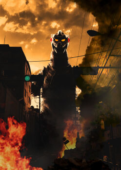 artist_name building cloud commentary day debris fire giant giant_monster godzilla_(series) green_light highres ito_nobuhiko joints kaiju lamppost looking_at_viewer mechagodzilla no_humans no_pupils nostrils open_mouth outdoors power_lines rivets road_sign robot robot_joints sharp_teeth sign silhouette smoke sunset teeth terror_of_mechagodzilla toho_(movie_company) tokusatsu traffic_light utility_pole yellow_eyes