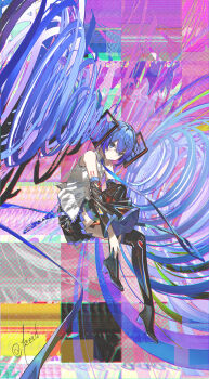 1girl absurdly_long_hair absurdres artist_name belt black_background black_boots black_skirt black_sleeves black_thighhighs blue_belt blue_hair blue_necktie boots closed_mouth collared_shirt detached_sleeves floating full_body grey_background hair_between_eyes hands_on_own_leg hatsune_miku high_heel_boots high_heels highres kieed leg_up long_hair looking_at_viewer miniskirt necktie number_tattoo parted_bangs pink_background pleated_skirt purple_background red_tattoo revision shirt shoulder_tattoo skirt sleeveless sleeveless_shirt solo static tattoo thigh_boots thighhighs very_long_hair vocaloid wing_collar