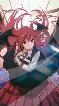 Rule 34 | 1girl, absurdres, backlighting, bat wings, black skirt, black vest, black wings, book, bookshelf, collared shirt, commentary request, dot nose, dress shirt, embodiment of scarlet devil, eyelashes, eyes visible through hair, fisheye, floating, floating hair, from above, hair between eyes, head wings, highres, holding, holding book, hugging book, hugging object, koakuma, light rays, long hair, looking at viewer, necktie, necktie overhang, parted lips, red eyes, red hair, red necktie, shirt, sidelocks, sketch, skirt, skirt set, solo, touhou, vest, white shirt, window, wings, zhufenghg