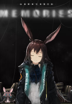 1girl absurdres akdove amiya_(arknights) animal_ears arknights ascot black_jacket blue_ascot brown_hair closed_eyes closed_mouth copyright_name english_text facing_viewer hair_between_eyes highres infection_monitor_(arknights) jacket long_hair open_clothes open_jacket rabbit_ears rabbit_girl shirt smile solo upper_body white_shirt