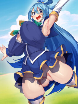 1girl aqua_(konosuba) armpits arms_up ass blue_eyes blue_hair blush boots bouncing_breasts breasts cleavage cleft_of_venus cloud covered_erect_nipples cowboy_shot detached_sleeves fat_mons female_focus gluteal_fold groin hair_between_eyes hair_ornament hair_rings highres huge_ass huge_breasts kawahagitei kono_subarashii_sekai_ni_shukufuku_wo! long_hair looking_at_viewer miniskirt no_panties open_mouth outdoors shiny_skin sidelocks skindentation skirt sky smile solo thick_thighs thigh_boots thighhighs thighs unaligned_breasts upskirt very_long_hair wide_hips