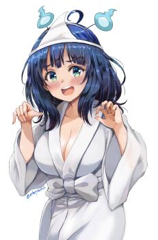 Rule 34 | 1girl, blue fire, blue hair, blush, breasts, cleavage, fire, ghost costume, ghost hair ornament, ghost pose, green eyes, hair ornament, highres, hitodama, japanese clothes, kimono, large breasts, long hair, long sleeves, looking at viewer, make heroine ga oo sugiru!, md5 mismatch, sheet ghost, shiroshouzoku, simple background, smile, solo, staryume, triangular headpiece, white kimono, wide sleeves, yanami anna