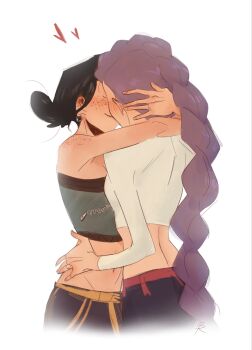 Rule 34 | 2girls, arms around neck, black hair, blush, braid, commentary, crop top, earrings, english commentary, freckles, green tube top, hand on another's waist, highres, its blakke, jewelry, kiss, kpop demon hunters, midriff, multiple girls, navel, purple hair, ring, rumi (kpop demon hunters), shirt, simple background, single braid, smile, strapless, tube top, wedding ring, white background, white shirt, wife and wife, yuri, zoey (kpop demon hunters)