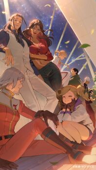 4boys 4girls absurdres akihiro_altland amida_arca azee_gurumin black_hair black_pants black_shirt blonde_hair blue_eyes blue_shirt bodysuit breasts brown_gloves brown_hair closed_mouth collared_shirt commentary_request copyright_notice dark-skinned_female dark-skinned_male dark_skin denim dress_pants dress_shirt drill_hair earrings echo_turbine eyeshadow facing_another falling_leaves formal_clothes gloves green_eyeshadow green_jacket grey_hair grin gundam gundam_tekketsu_no_orphans hands_on_own_cheeks hands_on_own_face highres hiyon_(hahaha_5945) hoop_earrings indoors jacket jeans jewelry lafter_frankland large_breasts leaf lipstick long_sleeves looking_at_another looking_at_viewer makeup mecha_pilot_suit medium_breasts mikazuki_augus multiple_boys multiple_girls naze_turbine necktie official_art orga_itsuka pants red_bodysuit red_lips red_shirt scar scar_on_stomach second-party_source shirt short_hair sitting smile spacesuit spiked_hair squatting standing star_(sky) sunrise_(company) twin_drills vest white_jacket white_necktie white_pants white_vest
