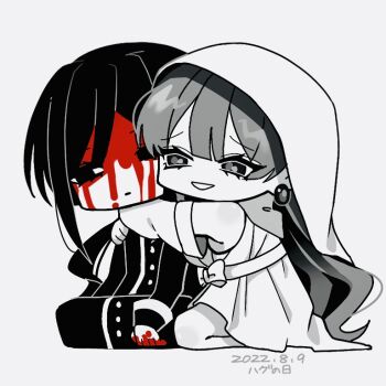 1boy 1girl 2022 :d astraea_(guchiry) bare_shoulders blood blood_from_forehead blood_on_hands bow buttons cassock center-flap_bangs chibi chibi_only coat commentary_request dated detached_sleeves double-parted_bangs dress earrings empty_eyes fewer_digits full_body grey_background greyscale grin hair_between_eyes half-closed_eyes high_contrast hug hug_from_side jewelry kunai_tadashi long_hair long_sleeves looking_at_another looking_to_the_side medium_dress monochrome no_pupils open_mouth original raised_inner_eyebrows roro_0818 sidelocks simple_background sitting sleeveless sleeveless_dress smile sphere_earrings spot_color tsurime veil very_long_hair