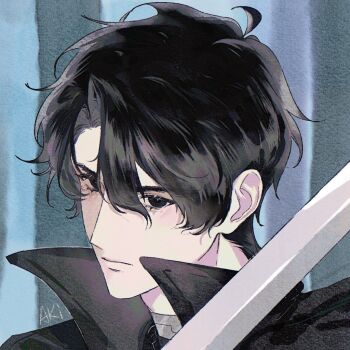 1boy akigawasou black_coat black_eyes black_hair black_shirt coat commentary double-parted_bangs expressionless hair_between_eyes holding holding_sword holding_weapon looking_at_viewer male_focus omniscient_reader&#039;s_viewpoint open_clothes open_coat popped_collar portrait shirt short_hair solo sword symbol-only_commentary weapon yoo_joonghyuk