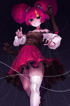 1girl absurdres black_background black_corset black_eyes black_gloves blonde_hair blood bloody_tears breasts bug clawed_hands commentary_request commission corset cropped_legs doll_joints dress ekrea_jan extra_arms extra_eyes garter_straps gloves highres joints leaning_back light_blush long_sleeves looking_at_viewer looking_down medium_breasts medium_hair monster_girl multicolored_hair original red_dress red_ribbon ribbon silk simple_background skeb_commission smile spider spider_hair_ornament spider_web spikes standing teeth thick_thighs thighhighs thighs twintails two-tone_hair white_sleeves white_thighhighs