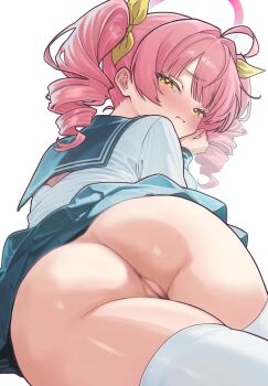 1girl ahoge amagami_eraa aqua_sailor_collar aqua_skirt ass ass_focus blur_censor blush bow censored closed_mouth clothes_lift commentary_request crotch_seam drill_hair feet_out_of_frame foreshortening green_bow hair_bow halo heart heart-shaped_pupils heart_in_eye highres long_hair long_sleeves looking_at_viewer looking_back lying no_panties on_stomach original pink_hair pink_halo ponytail pout pussy rori_(amagami_eraa) sailor_collar school_uniform serafuku shirt sidelocks simple_background skirt skirt_lift solo symbol-shaped_pupils symbol_in_eye thighhighs twin_drills twintails underwear white_background white_shirt white_thighhighs yellow_eyes