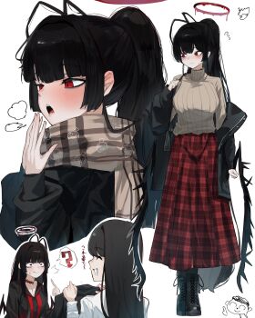 Rule 34 | 1boy, 2girls, ?, alternate costume, black hair, black wings, blue archive, blush, breasts, doodle sensei (blue archive), full body, halo, highres, large breasts, liquid halo, long skirt, looking to the side, low wings, multiple girls, multiple views, open mouth, red eyes, red halo, red skirt, scarf, sensei (blue archive), skirt, sweater, tsurugi (blue archive), white background, wings, yuindesu