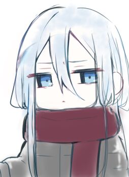 1girl black_jacket blue_eyes closed_mouth commentary_request deformed down_jacket enpera frown hair_between_eyes highres jacket jitome kaema_2 long_hair long_sleeves looking_at_viewer project_sekai red_scarf scarf sidelocks solo upper_body white_hair yoisaki_kanade