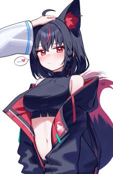 2girls absurdres ahoge animal_ears black_hair black_hoodie black_tail blush breasts closed_mouth deaver fox_ears fox_girl fox_tail highres hololive hood hoodie kurokami_fubuki long_sleeves looking_at_viewer medium_hair multicolored_hair multiple_girls navel red_eyes red_hair red_hoodie red_tail shirakami_fubuki simple_background solo_focus stomach streaked_hair tail two-tone_hair virtual_youtuber white_background