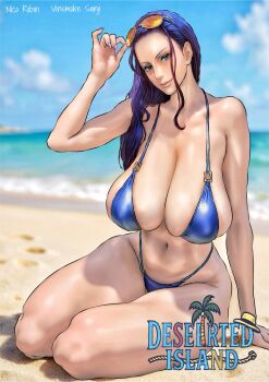 1girl b_0_rukia bare_shoulders beach bikini black_hair blue_sky breasts cloud collarbone english_text female_focus green_eyes highres large_breasts lips long_hair looking_at_viewer nico_robin ocean one_piece sand sitting sky sunglasses sunglasses_on_head swimsuit thighs water
