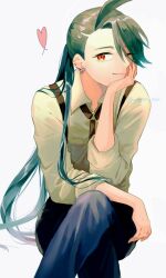 Rule 34 | 1girl, ahoge, black necktie, black pants, closed mouth, collared shirt, creatures (company), earrings, game freak, green hair, heart, highres, jewelry, long hair, looking at viewer, necktie, nintendo, one eye closed, pants, pokemon, pokemon sv, ponytail, red eyes, rika (pokemon), shirt, sitting, smile, solo, woppero prpr