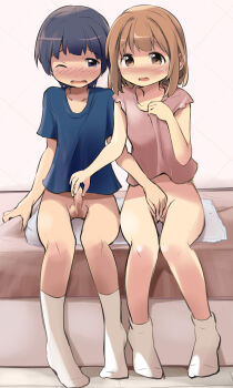1boy 1girl black_hair blush bobby_socks body_exploration bottomless brown_eyes brown_hair erection facing_viewer fingering foreskin full_body handjob hetero highres indoors kamome_shop kodomo_doushi loli mutual_masturbation no_shoes one_eye_closed original penis phimosis pussy_juice shirt shota sitting small_penis socks t-shirt tareme