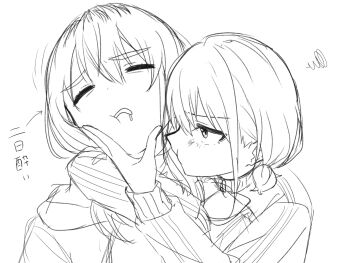 2girls arm_around_neck ayataka_syumimi blush commentary drooling girls_band_cry greyscale highres iseri_nina kawaragi_momoka long_hair monochrome multicolored_hair multiple_girls pout roots_(hair) simple_background symbol-only_commentary translation_request upper_body white_background yuri