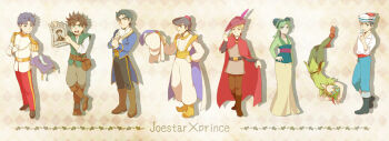 1girl 6+boys aladdin_(character)_(cosplay) aladdin_(disney) aladdin_(movie) arabian_clothes ascot battle_tendency beast_(disney) beast_(disney)_(cosplay) beauty_and_the_beast_(disney) bicorne black_hair blonde_hair blue_hair brown_hair chinese_clothes cinderella_(disney_movie) cosplay crossover diamond_wa_kudakenai disney dixie_cup_hat double_bun epaulettes eric_(disney) eric_(disney)_(cosplay) fa_mulan_(disney) fa_mulan_(disney)_(cosplay) floating flynn_rider flynn_rider_(cosplay) giorno_giovanna green_hair hair_bun hamadaichi hat higashikata_josuke higashikata_josuke_(jojolion) holding holding_unworn_clothes holding_unworn_hat johnny_joestar jojo_no_kimyou_na_bouken jojolion jonathan_joestar joseph_joestar joseph_joestar_(young) kuujou_jolyne military_hat mulan_(movie) multiple_boys parody peter_pan_(character)_(cosplay) phantom_blood prince prince_charming_(disney) prince_charming_(disney)_(cosplay) robin_hood_(disney)_(character)_(cosplay) robin_hood_(disney_character) robin_hood_(disney_movie) stardust_crusaders steel_ball_run stone_ocean tangled the_little_mermaid_(disney) trait_connection unworn_hat unworn_headwear vento_aureo walt_disney&#039;s_peter_pan wanted_poster